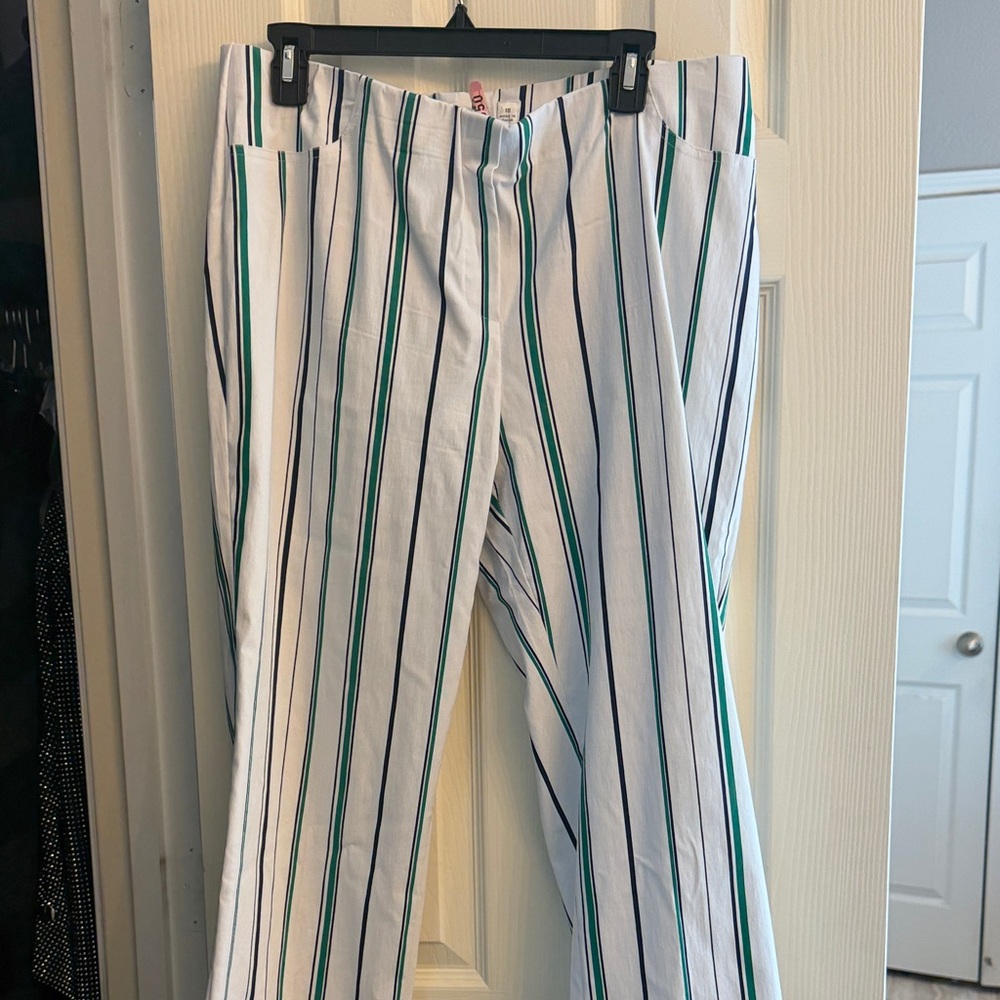 Cropped White Stripe Crop Pants with Green & Navy Lines